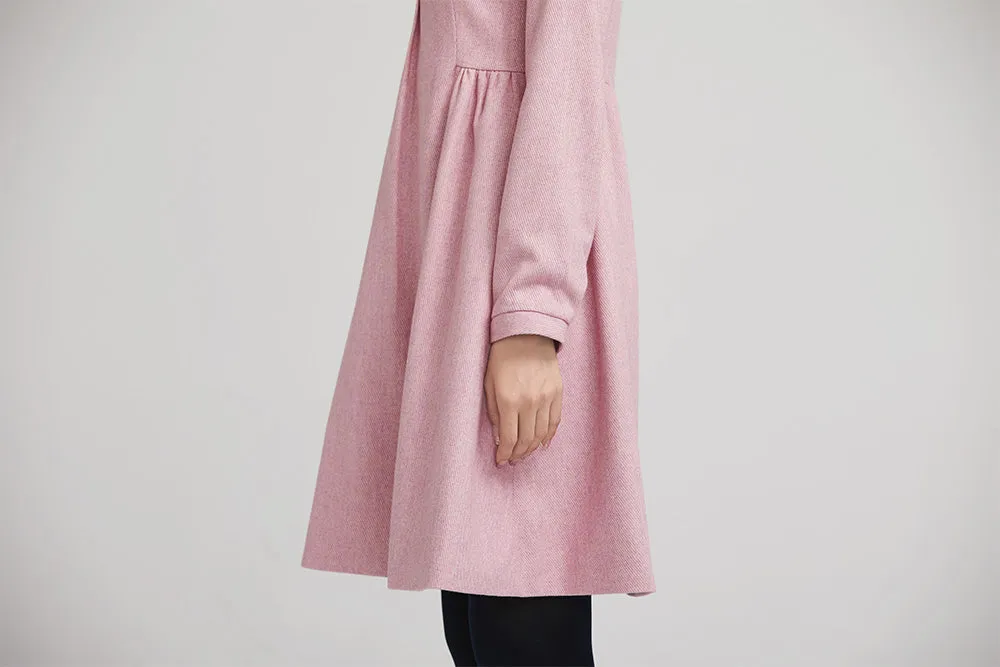 pink short wool winter dress with long sleeves and pockets 2240