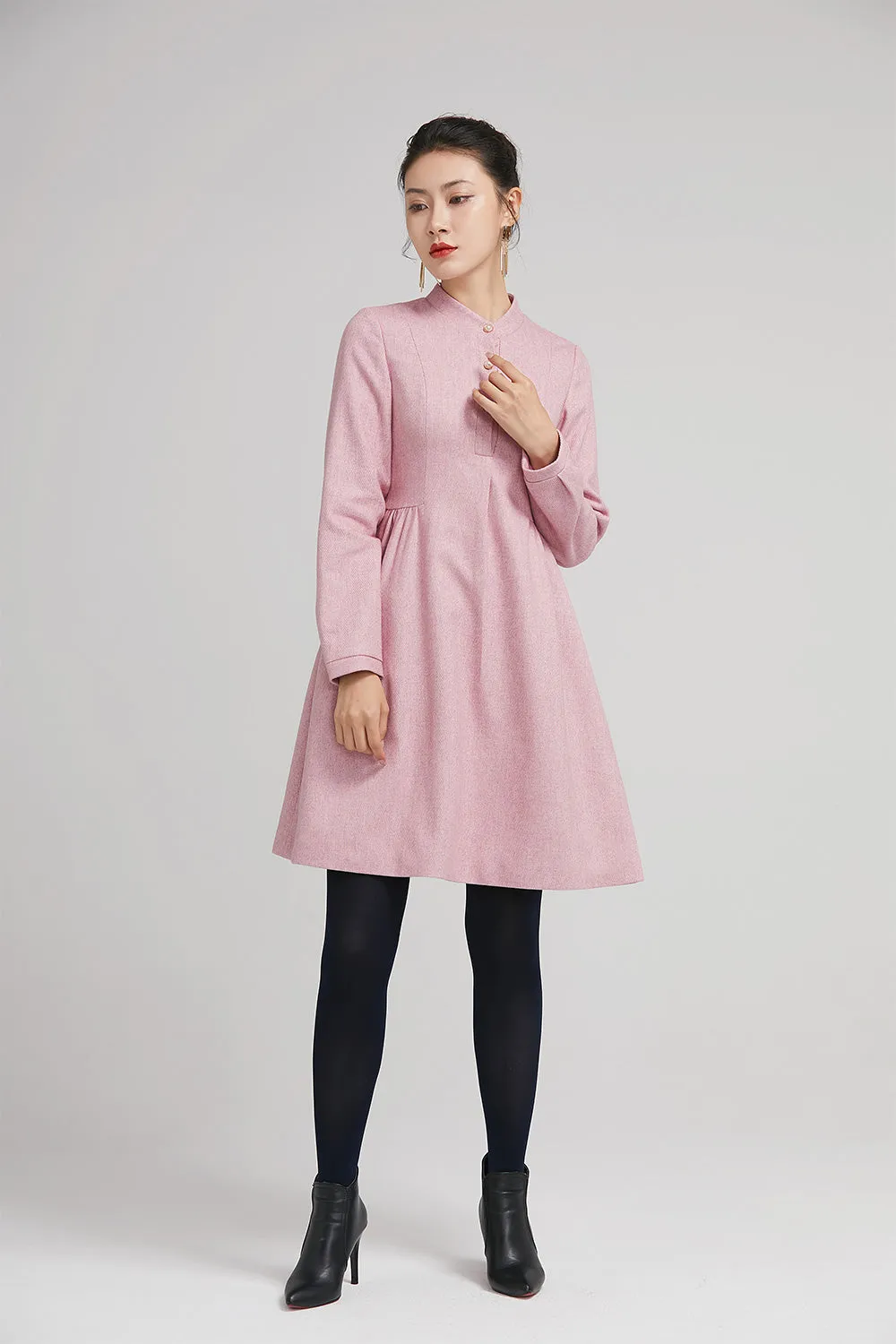 pink short wool winter dress with long sleeves and pockets 2240