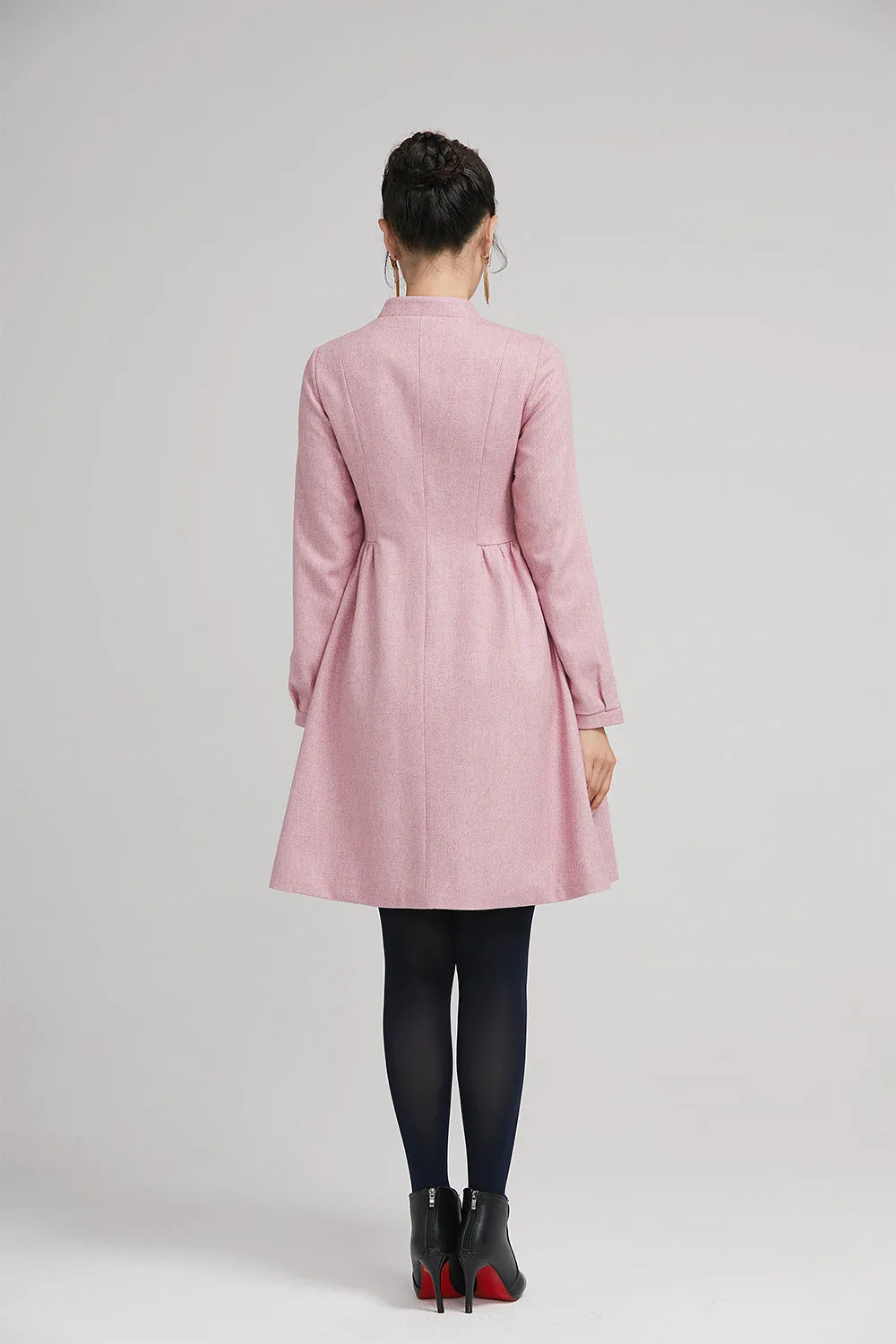 pink short wool winter dress with long sleeves and pockets 2240