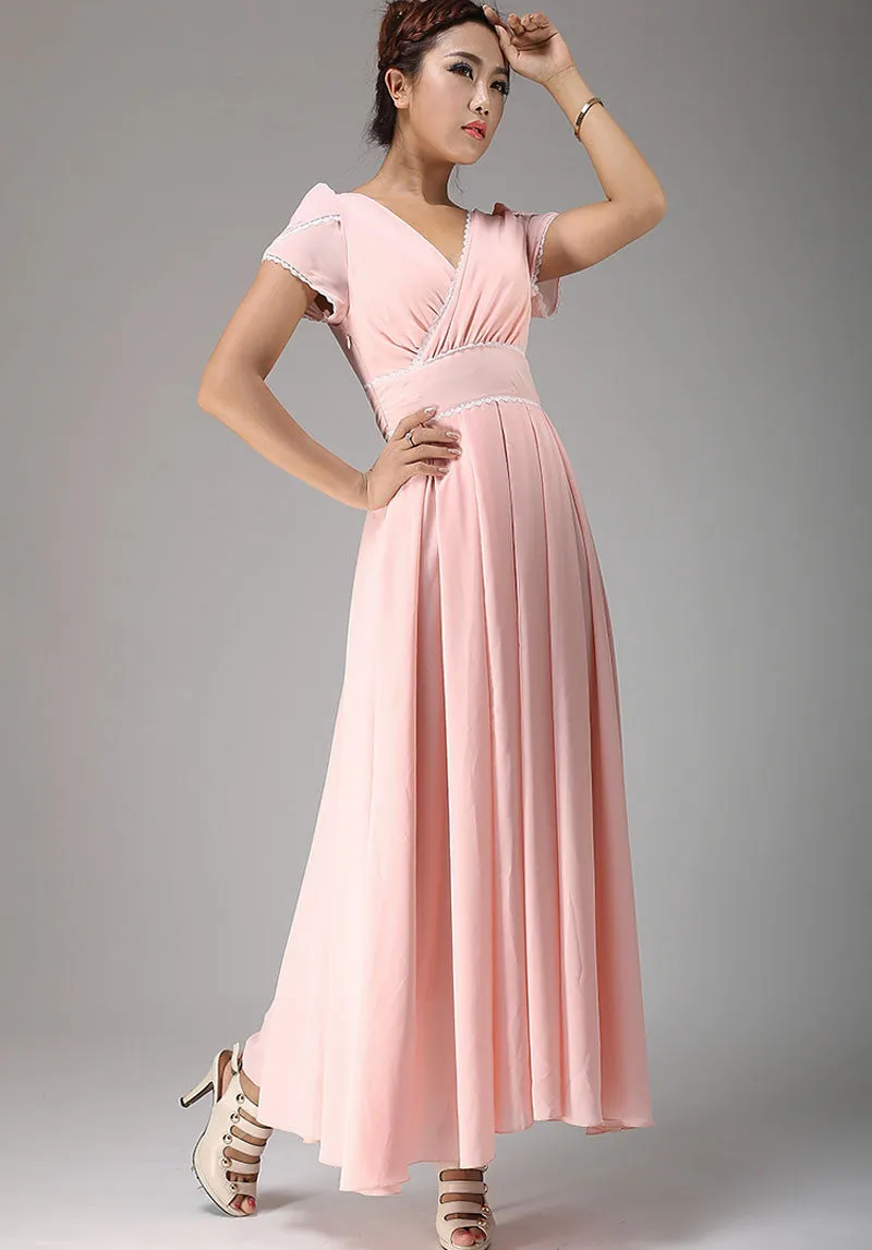 Pink wedding bridesmaid dress maxi chiffon dress (638)