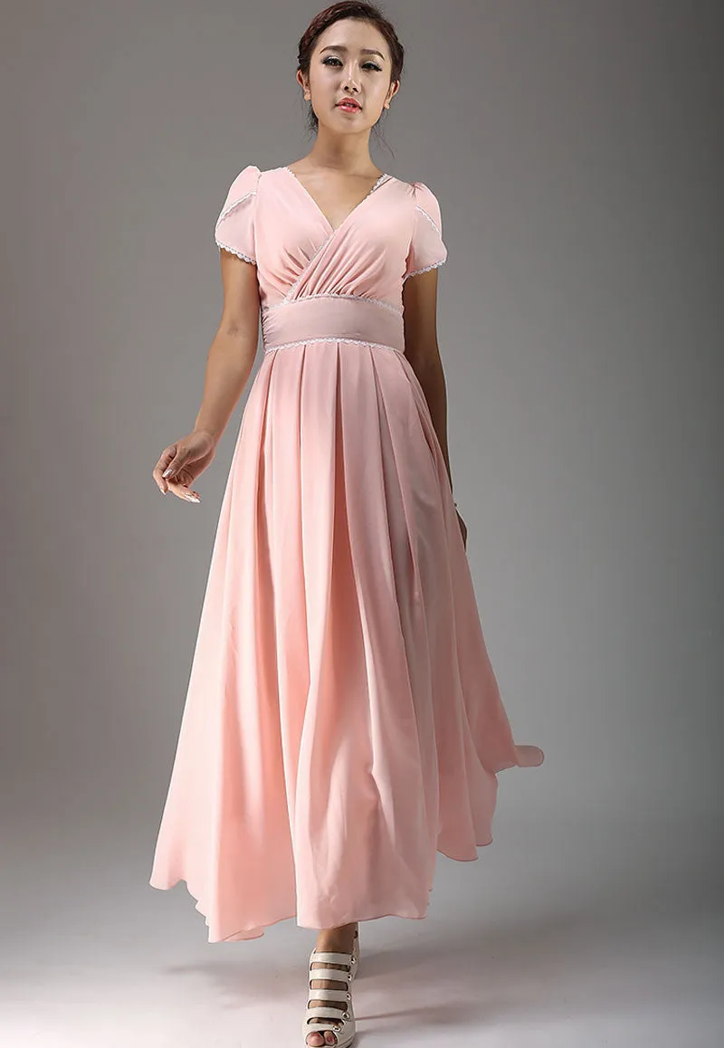 Pink wedding bridesmaid dress maxi chiffon dress (638)