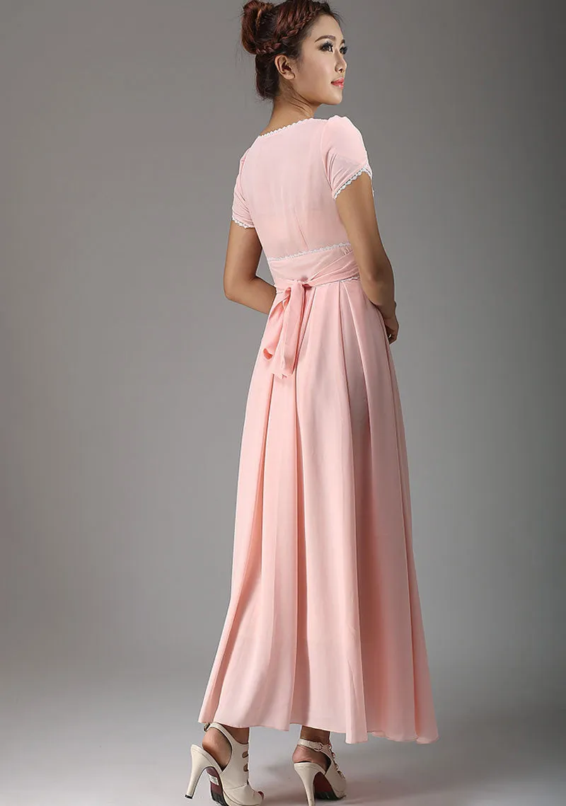 Pink wedding bridesmaid dress maxi chiffon dress (638)