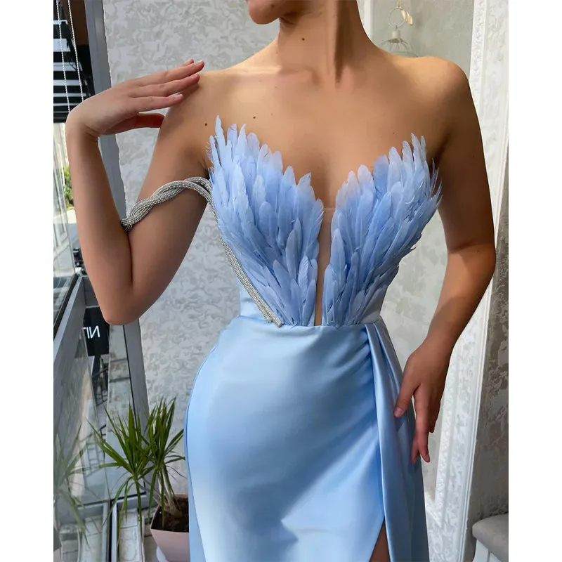 Plunging V-neck Feathers High Split Long Formal Evening Dress