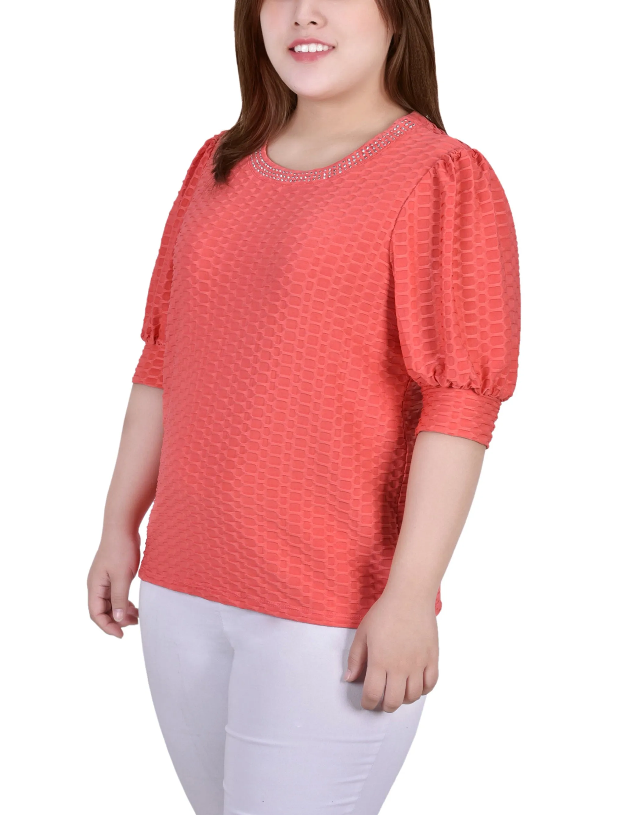 Plus Size Short Puff Sleeve Honeycomb Top