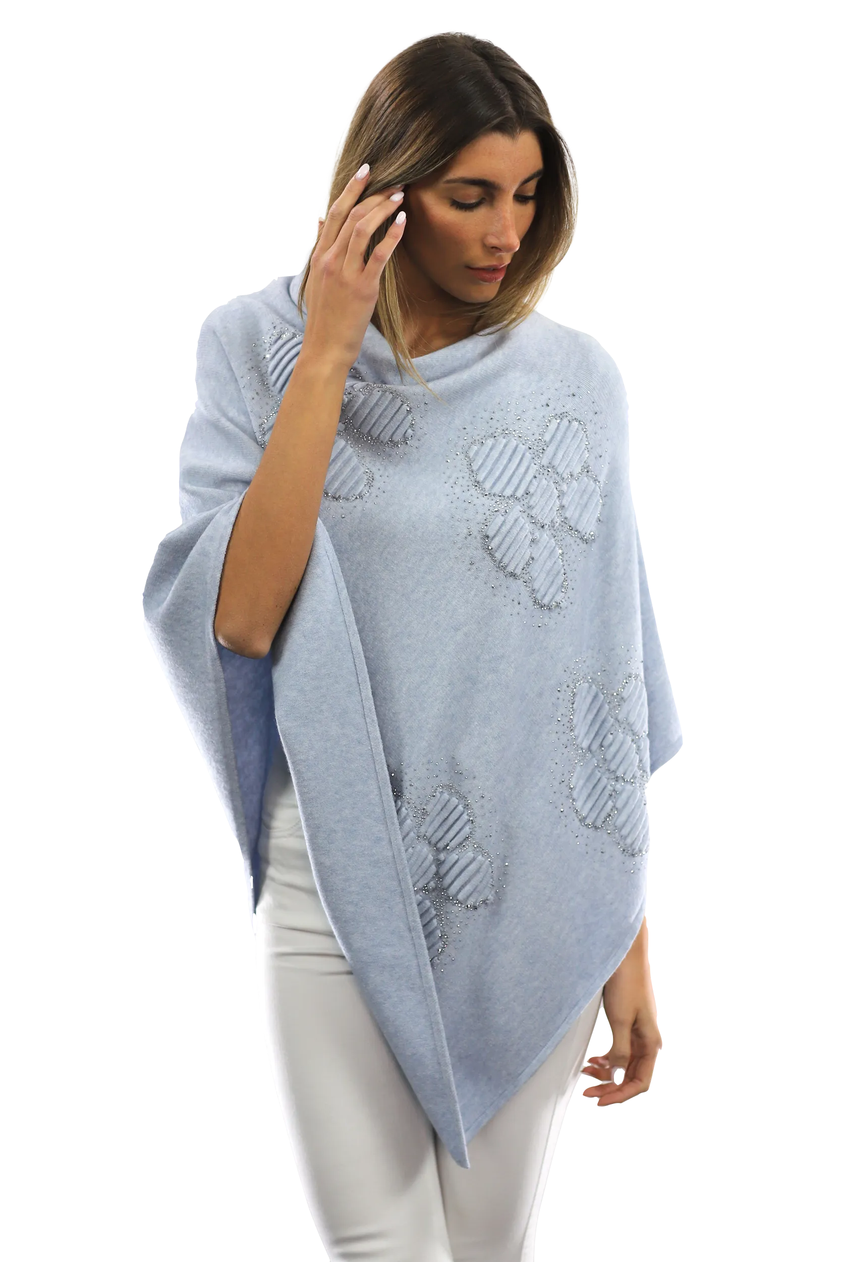 Poncho with Embellished Floral Print