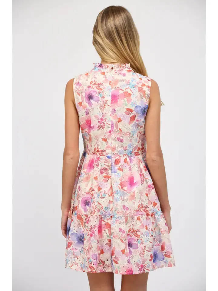 Print Eyelet Lace Sleeveless Tiered Dress