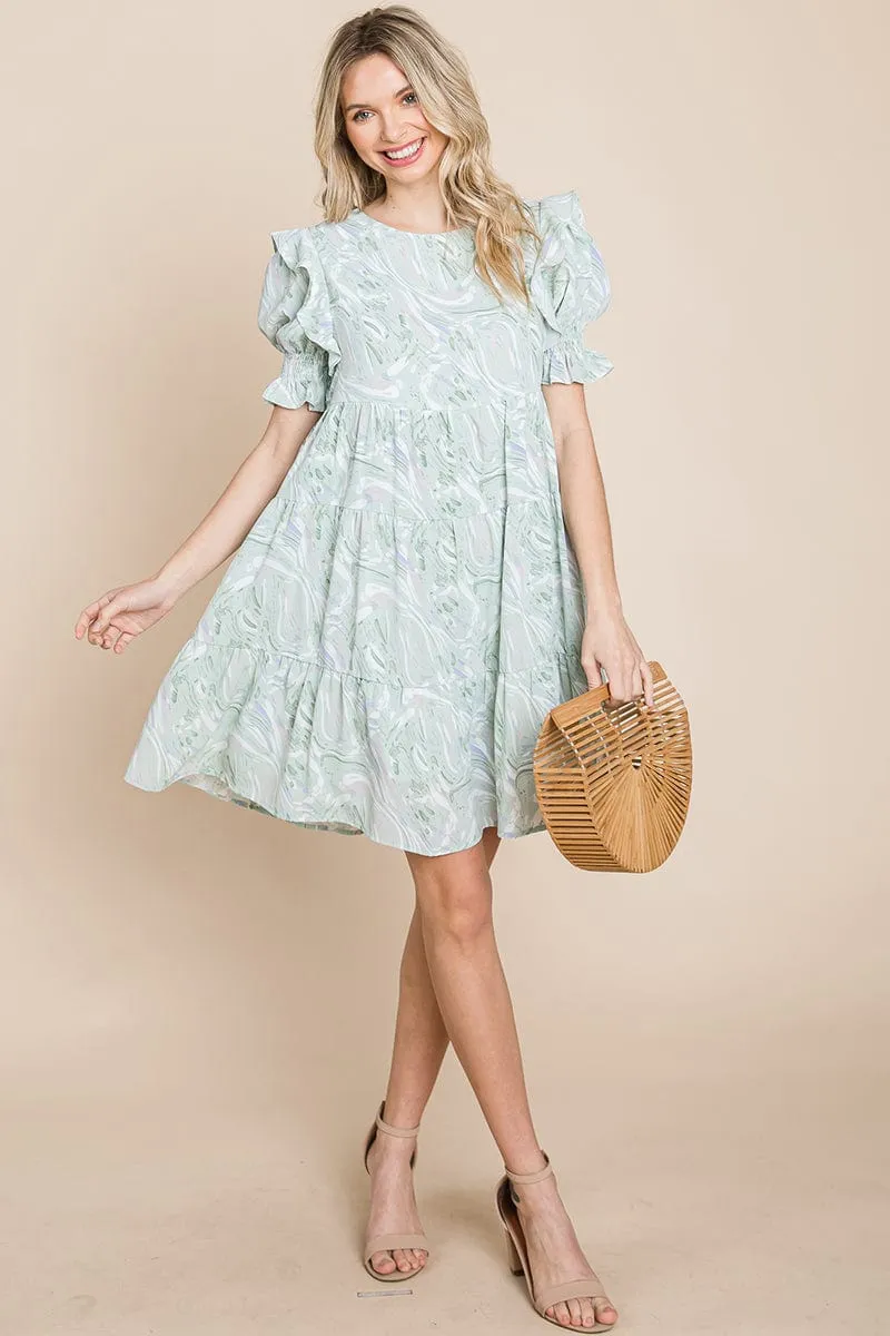 Printed Ruffle Short Sleeve Tiered Swing Dress