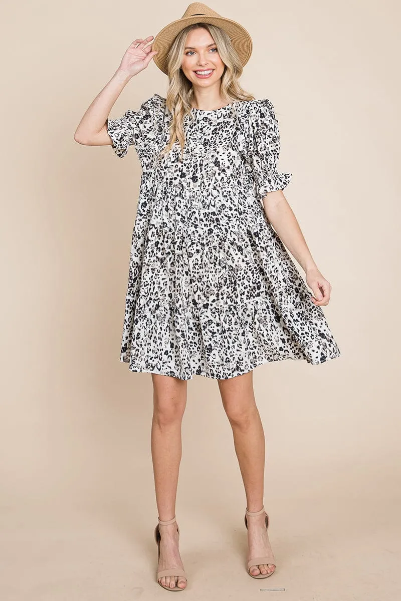 Printed Ruffle Short Sleeve Tiered Swing Dress