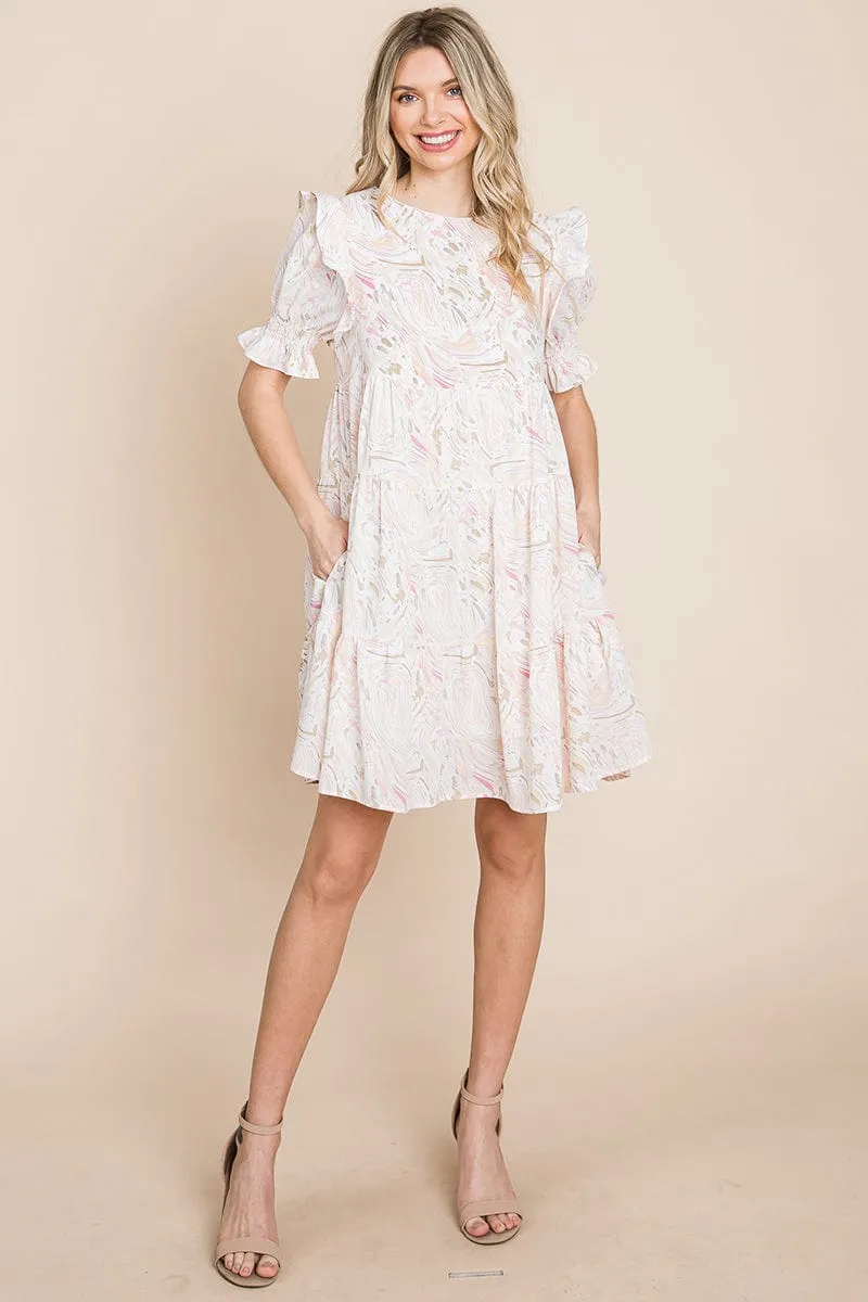 Printed Ruffle Short Sleeve Tiered Swing Dress