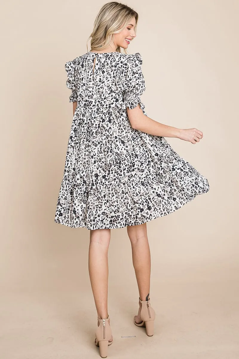 Printed Ruffle Short Sleeve Tiered Swing Dress