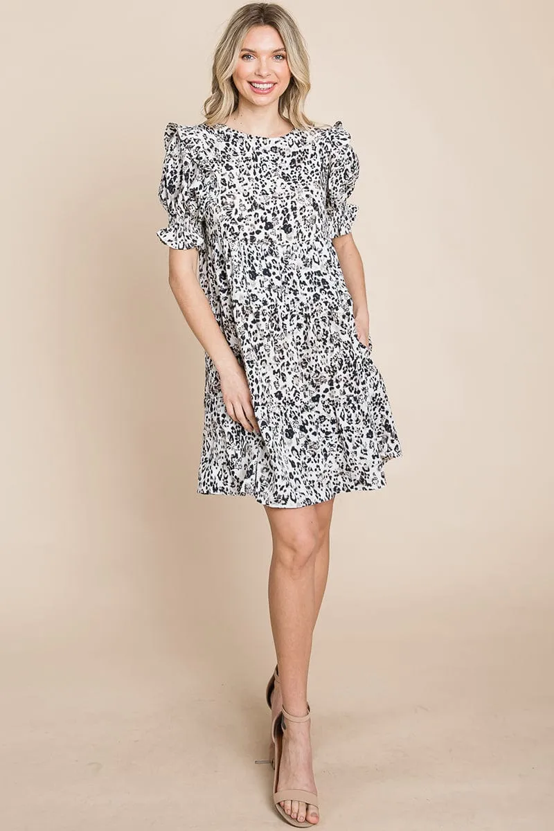 Printed Ruffle Short Sleeve Tiered Swing Dress