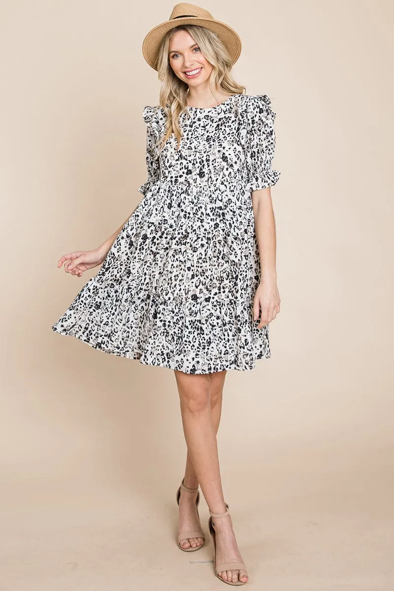 Printed Ruffle Short Sleeve Tiered Swing Dress