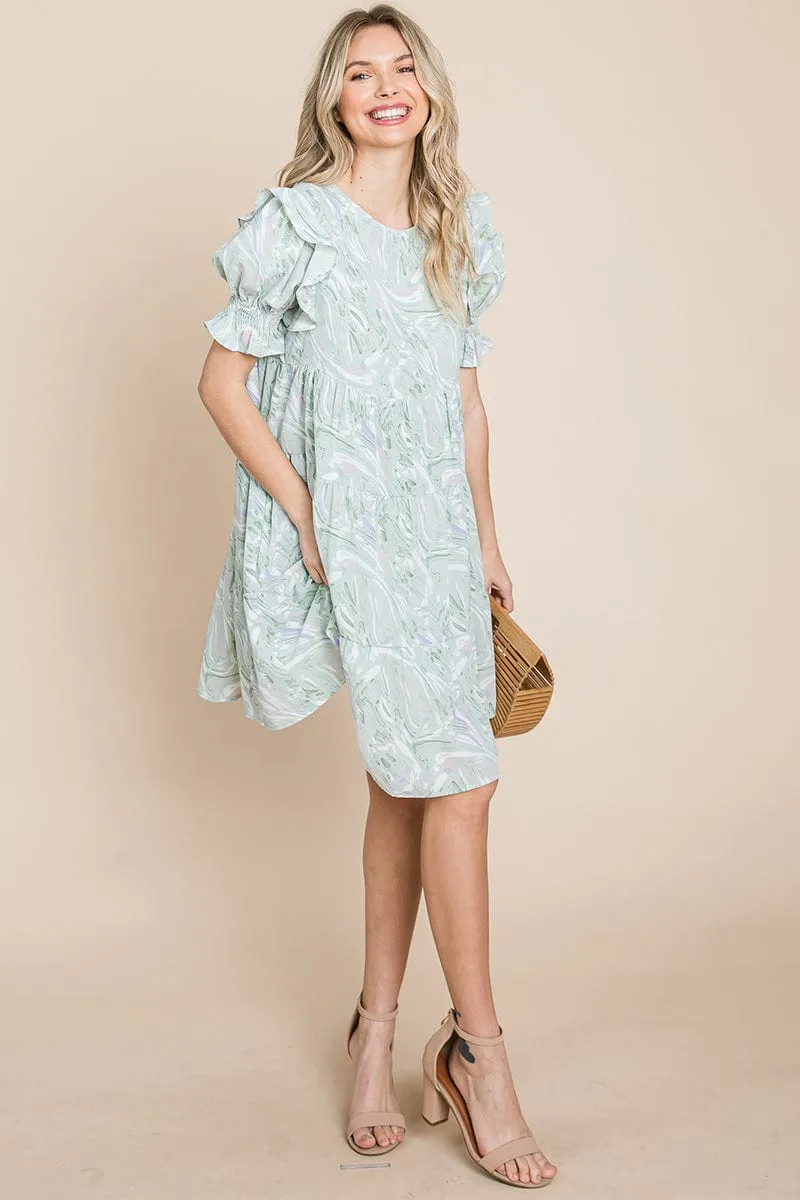 Printed Ruffle Short Sleeve Tiered Swing Dress