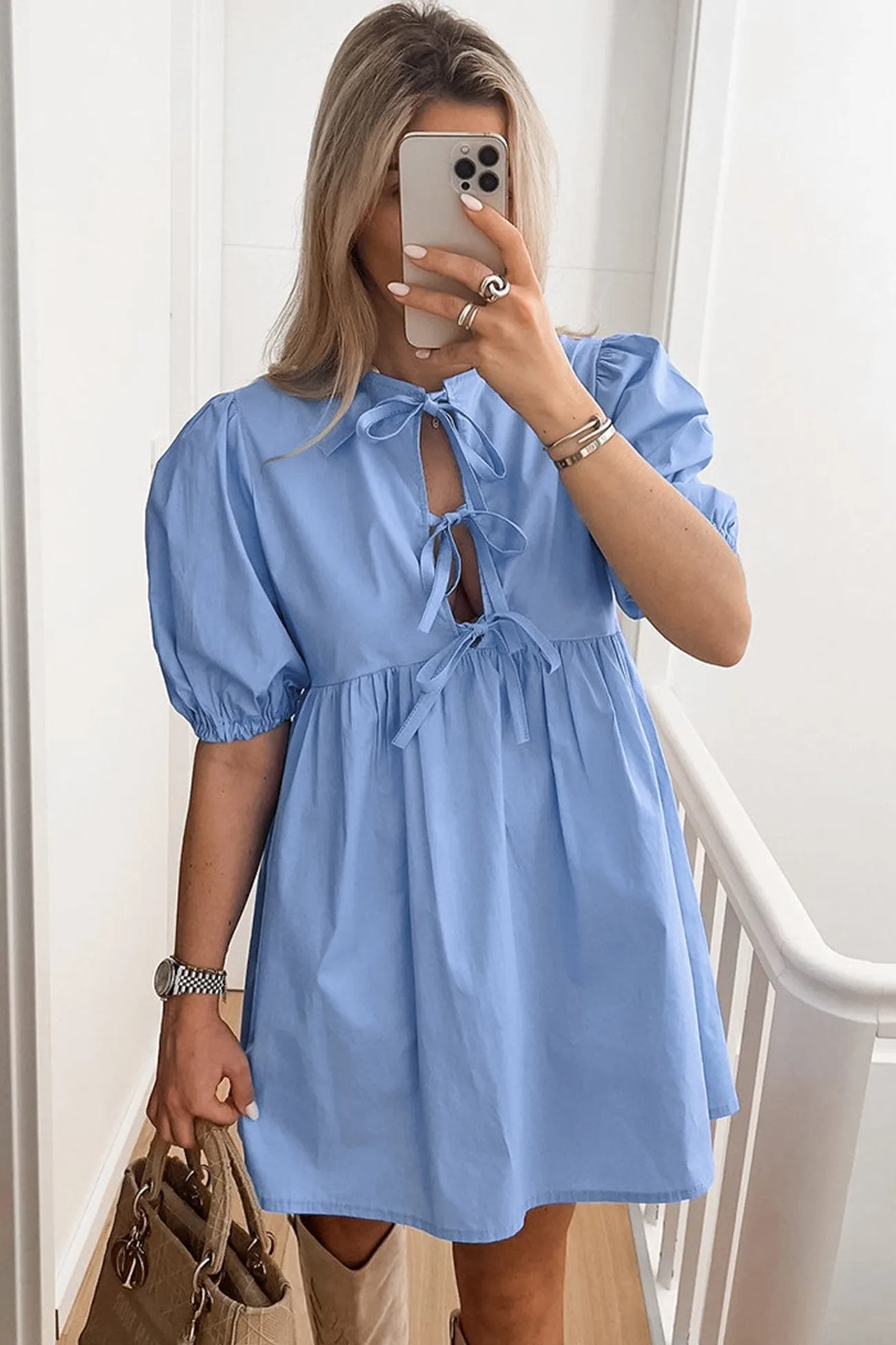 Puff Sleeve Tie-front Cotton Babydoll Dress