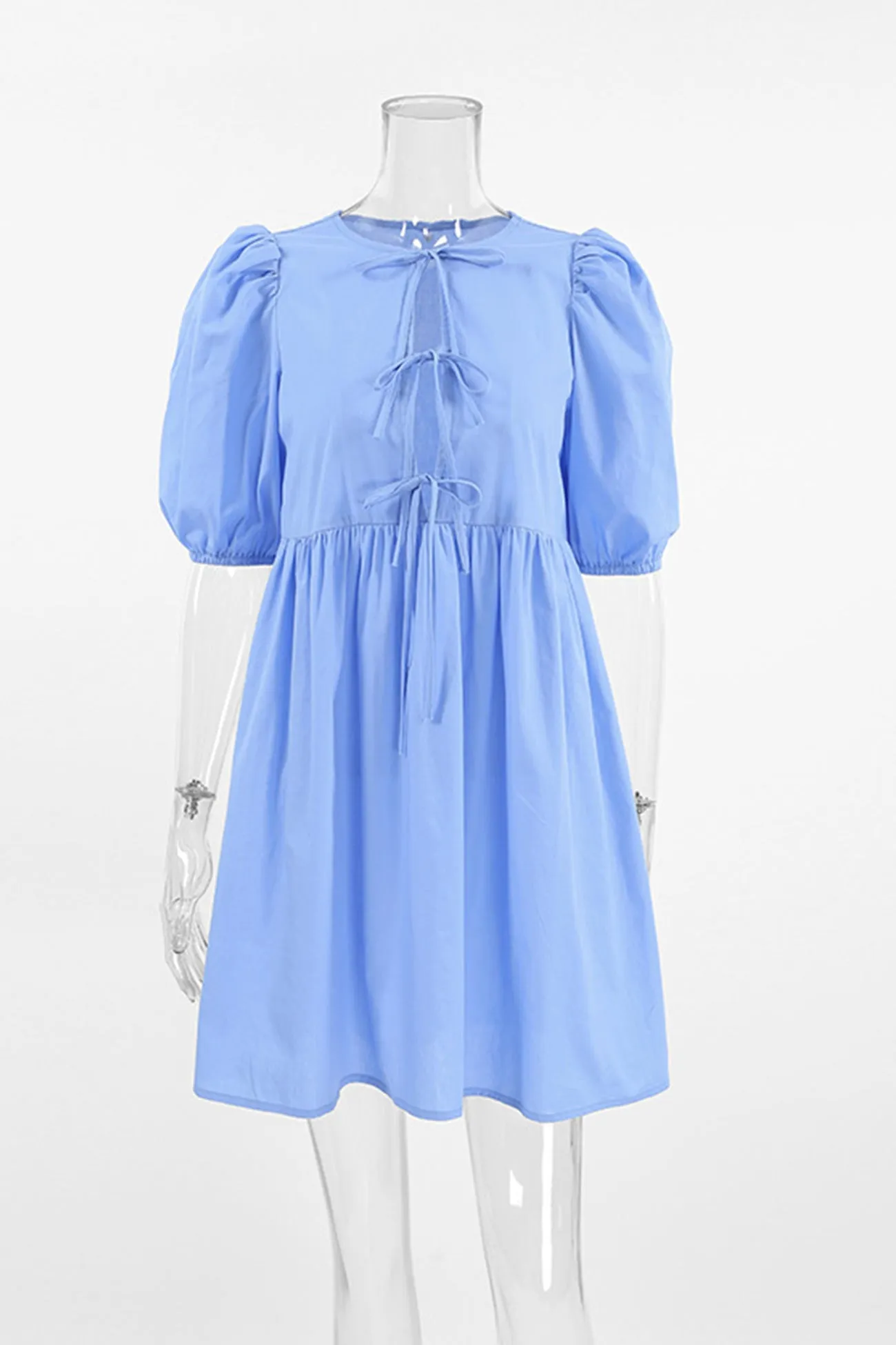 Puff Sleeve Tie-front Cotton Babydoll Dress