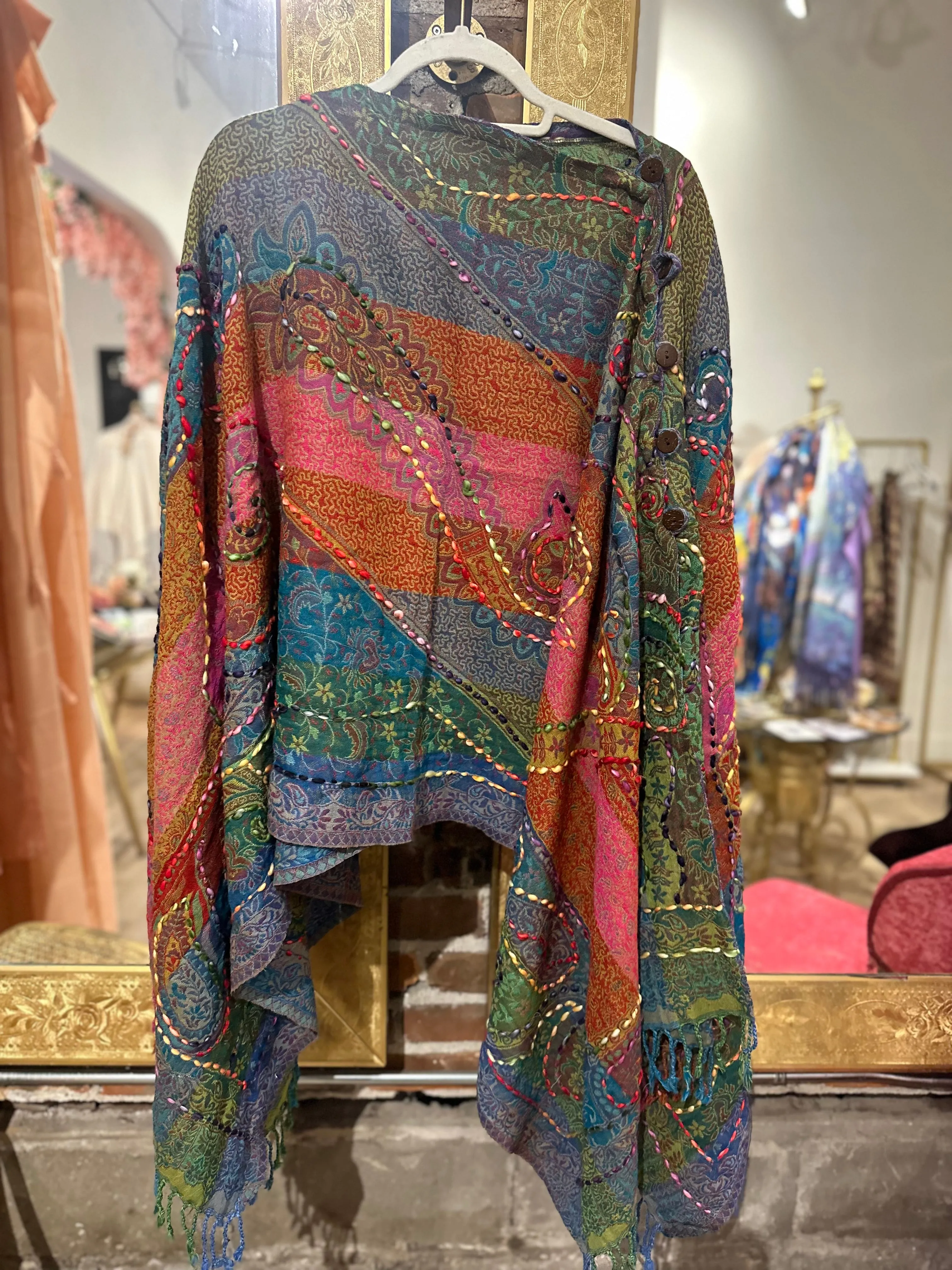 Pure wool reversible embroidered cape -embroidered multi