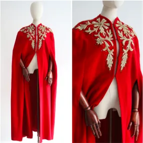 "Lamé Soutache & Rhinestones" Vintage Early 1940's Red Wool Embroidered Cape UK 10-16 US 6-12