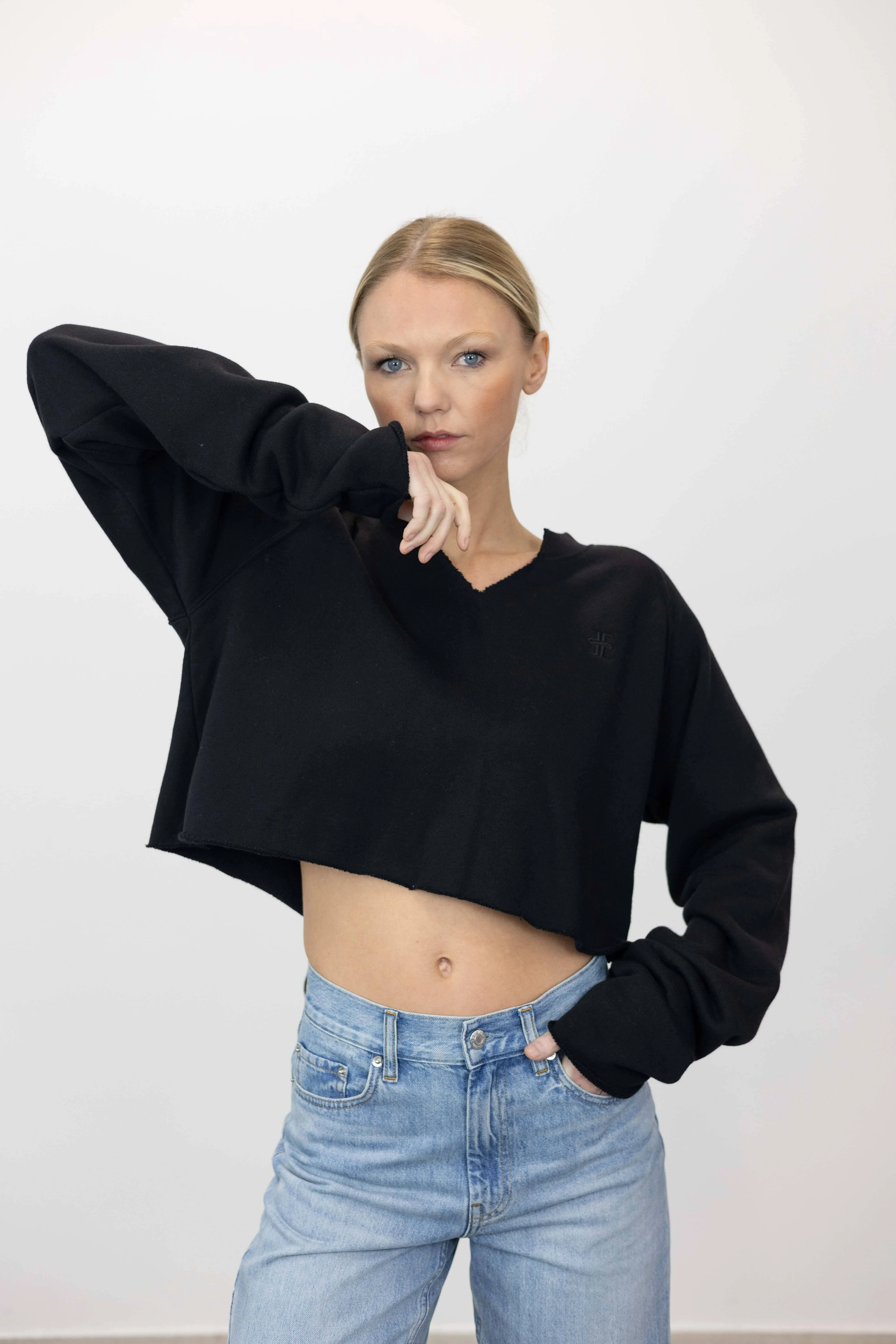 RAGLAN V NECK CROPPED SWEATSHIRT