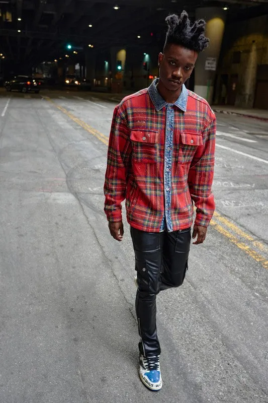 Red Flannel Long Sleeve Shacket With Denim Contrast