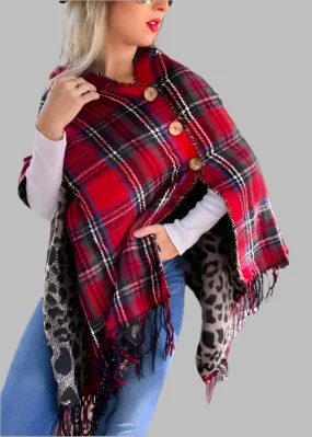 Red Plaid and Leopard Dual-Sided Reversible Poncho