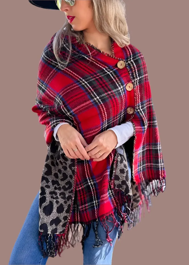 Red Plaid and Leopard Dual-Sided Reversible Poncho