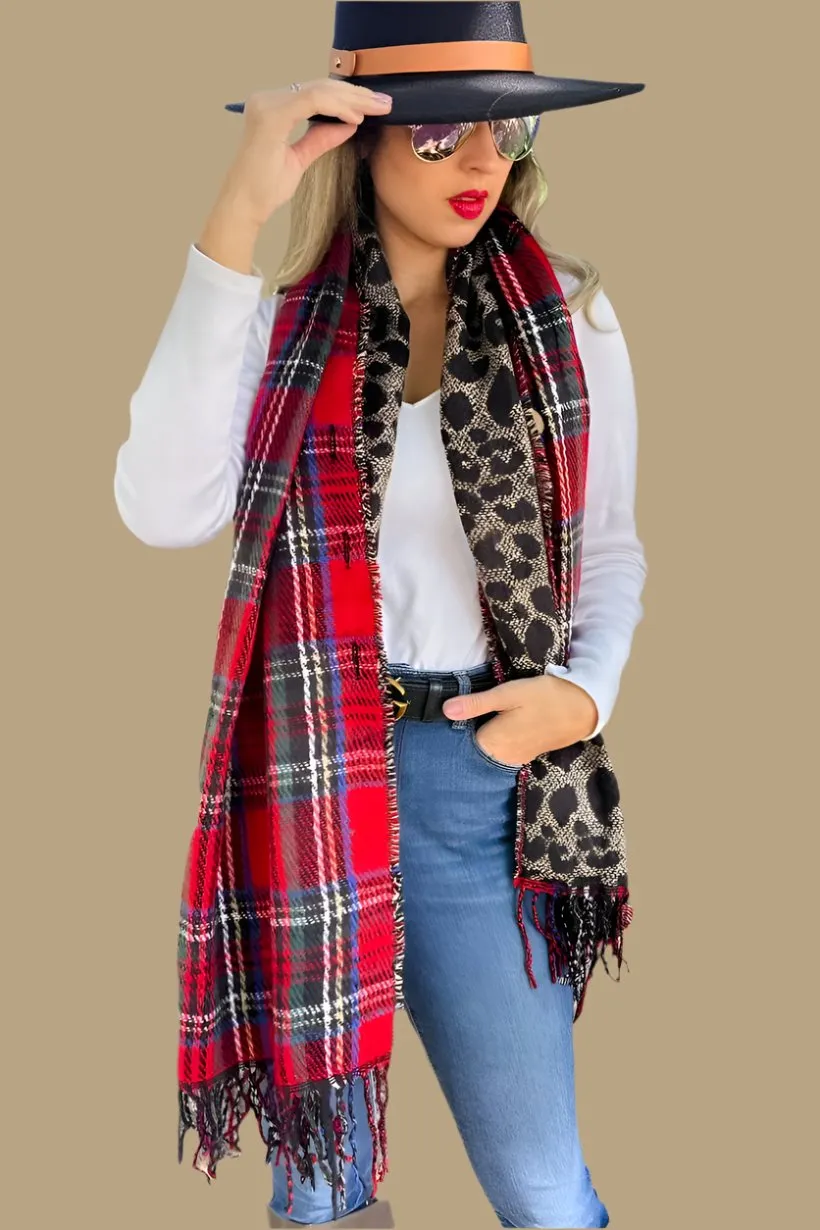 Red Plaid and Leopard Dual-Sided Reversible Poncho