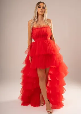 Red pleated layered high and low tulle dress