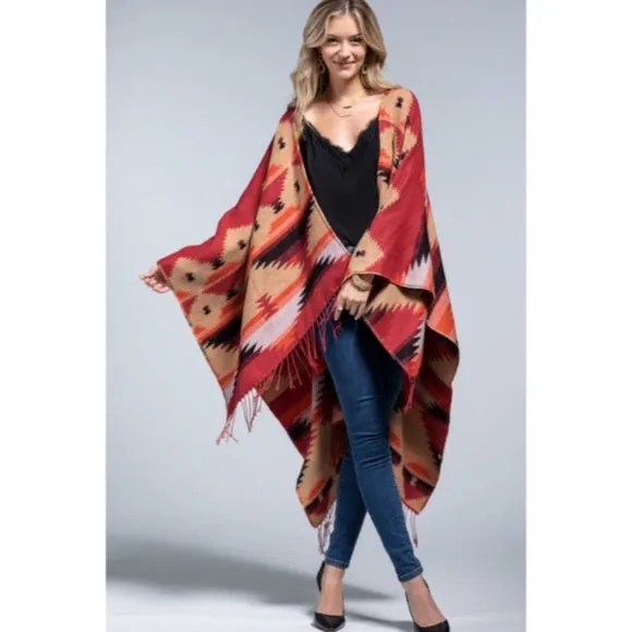 Red Rock Western Ethnic Oversized Knit Ruana Fringe Wrap Open Poncho Fall Casual