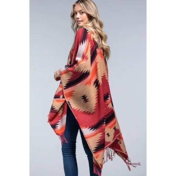 Red Rock Western Ethnic Oversized Knit Ruana Fringe Wrap Open Poncho Fall Casual