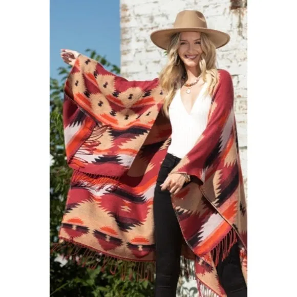 Red Rock Western Ethnic Oversized Knit Ruana Fringe Wrap Open Poncho Fall Casual