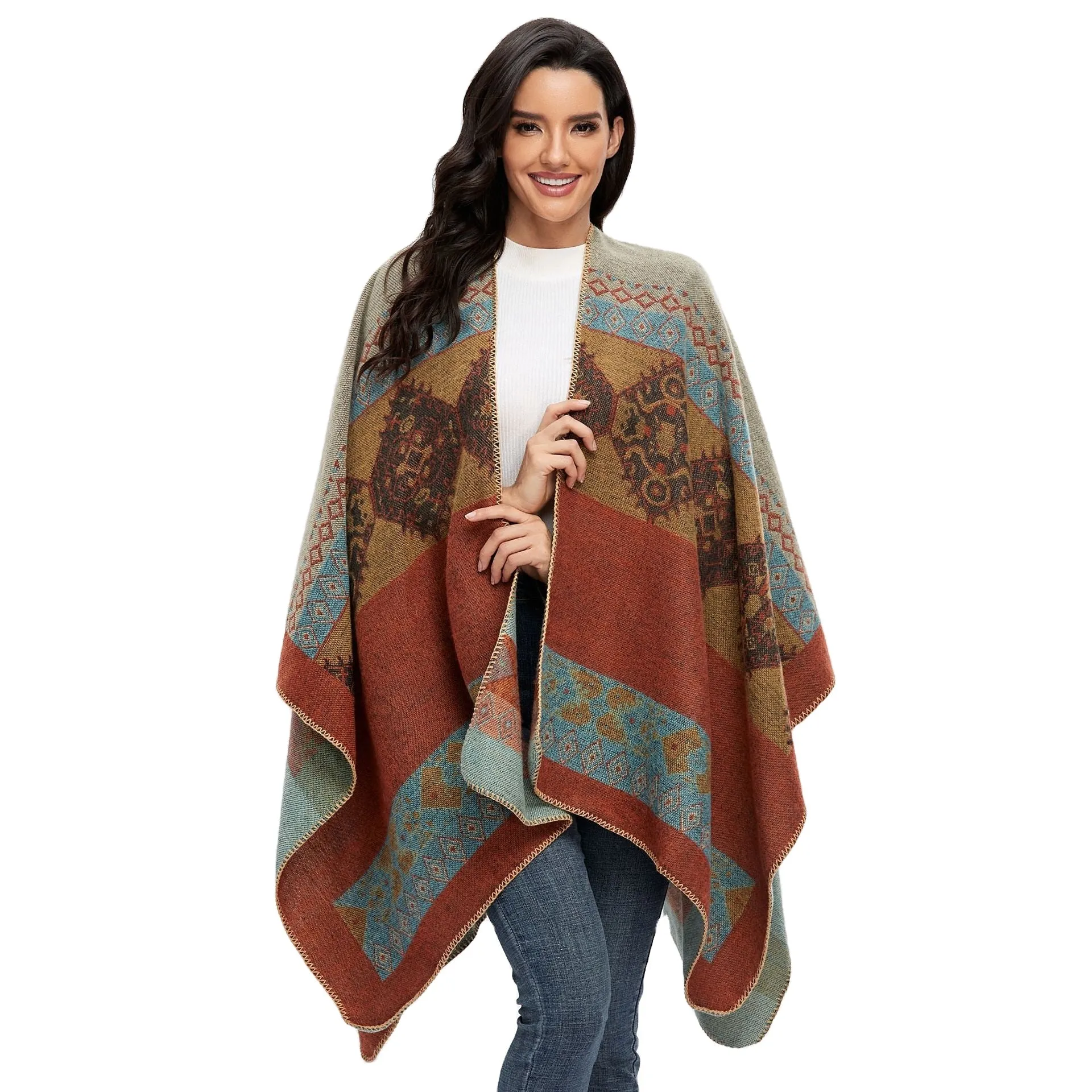 Ruana Rust Turquoise Golden Aztec Poncho Wrap Native Blanket Scarf Faux Cashmere Tribal Print Warm Cotton One Size