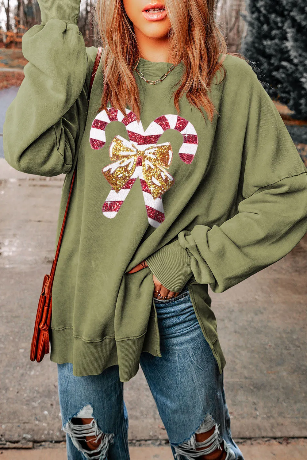 Sequin Candy Cane Round Neck Slit Sweatshirt-Multiple Colors