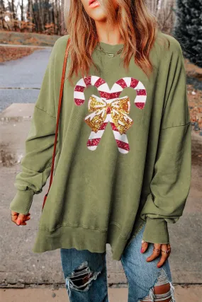 Sequin Candy Cane Round Neck Slit Sweatshirt-Multiple Colors