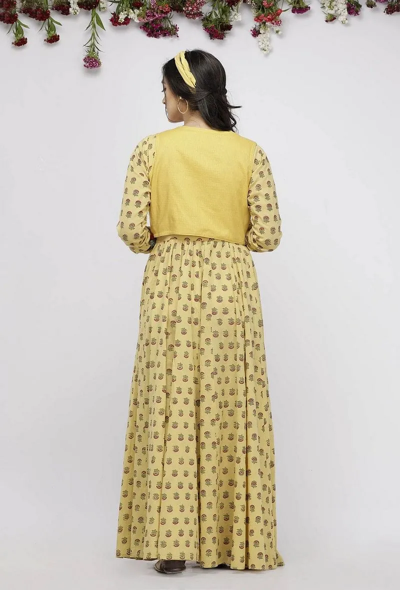 Set of 2 : Yellow Gathered Cotton Hand-Block Printed Kurta and Kota  Boho Cape