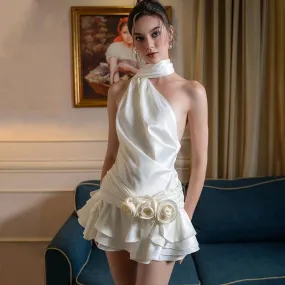 Sexy Backless Satin 3D Flowers White Halter Short Party Dress