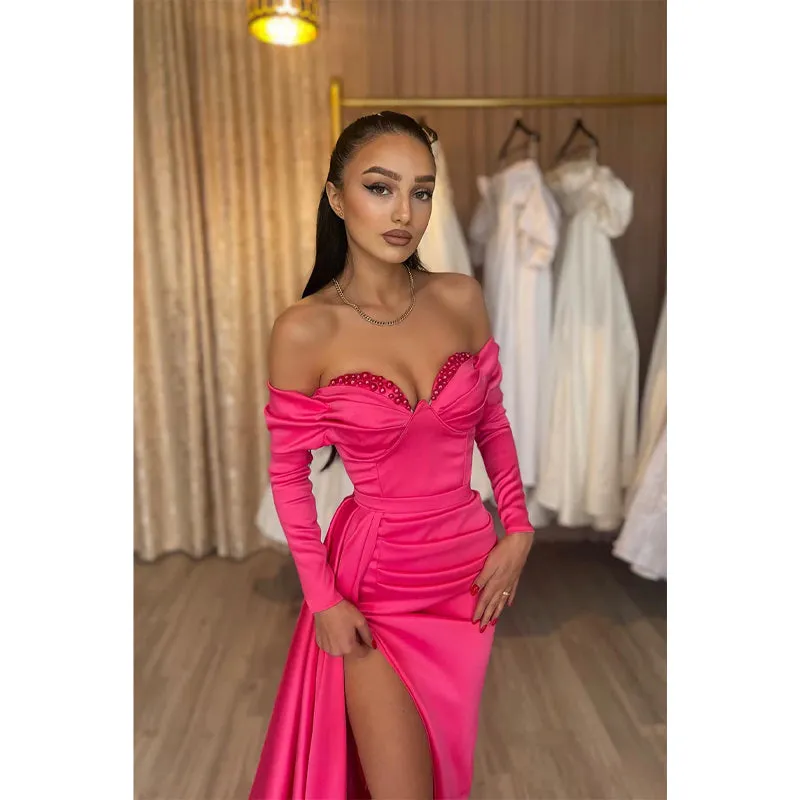 Sheath Sweetheart Beads Long Sleeves Prom Dress with Slit