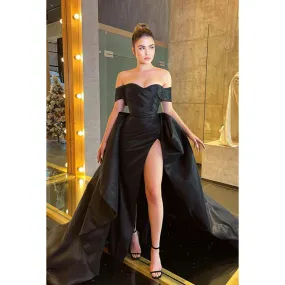 Sheath/Column Off Shoulder Satin Side Slit Long Prom Dress With Sweep Train