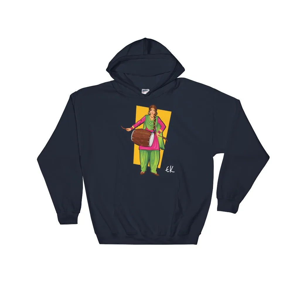 Sikh Punjabi Sardar Woman Playing Dhol And Dancing Bhangra On Holiday Like Lohri Or Vaisakhi Hooded Sweatshirt