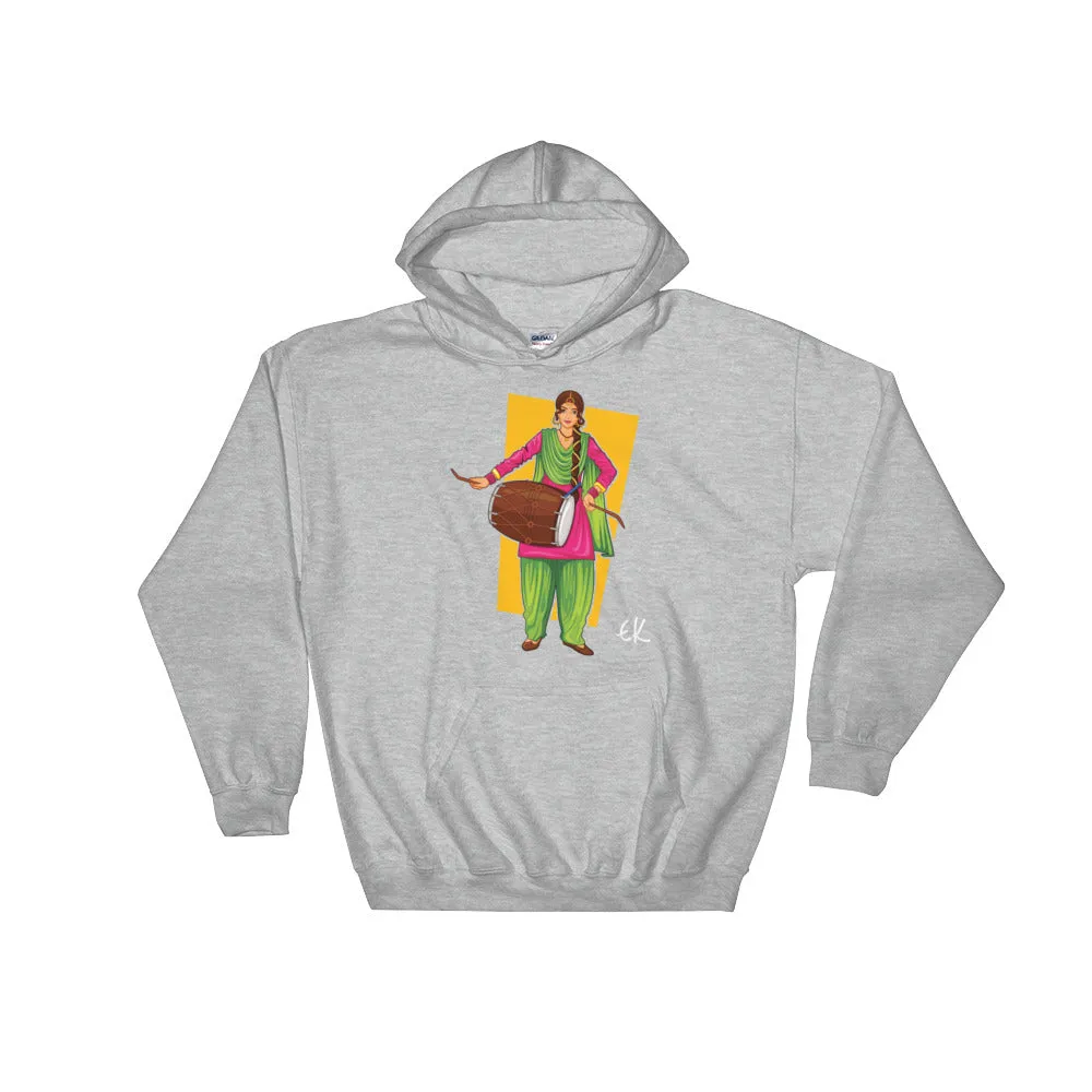 Sikh Punjabi Sardar Woman Playing Dhol And Dancing Bhangra On Holiday Like Lohri Or Vaisakhi Hooded Sweatshirt