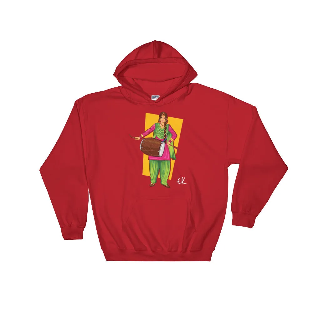 Sikh Punjabi Sardar Woman Playing Dhol And Dancing Bhangra On Holiday Like Lohri Or Vaisakhi Hooded Sweatshirt