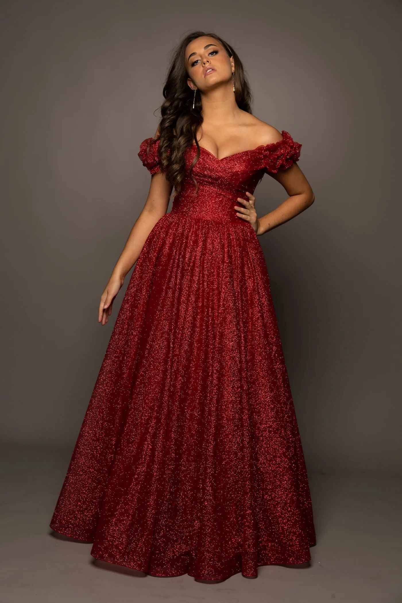 Sparkling dark red tulle princes dress for hire