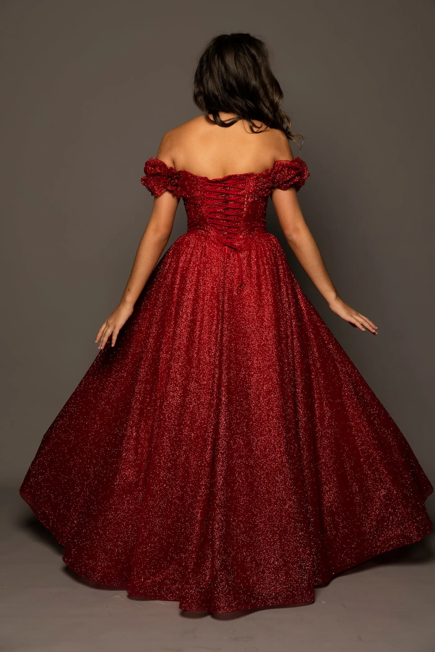 Sparkling dark red tulle princes dress for hire