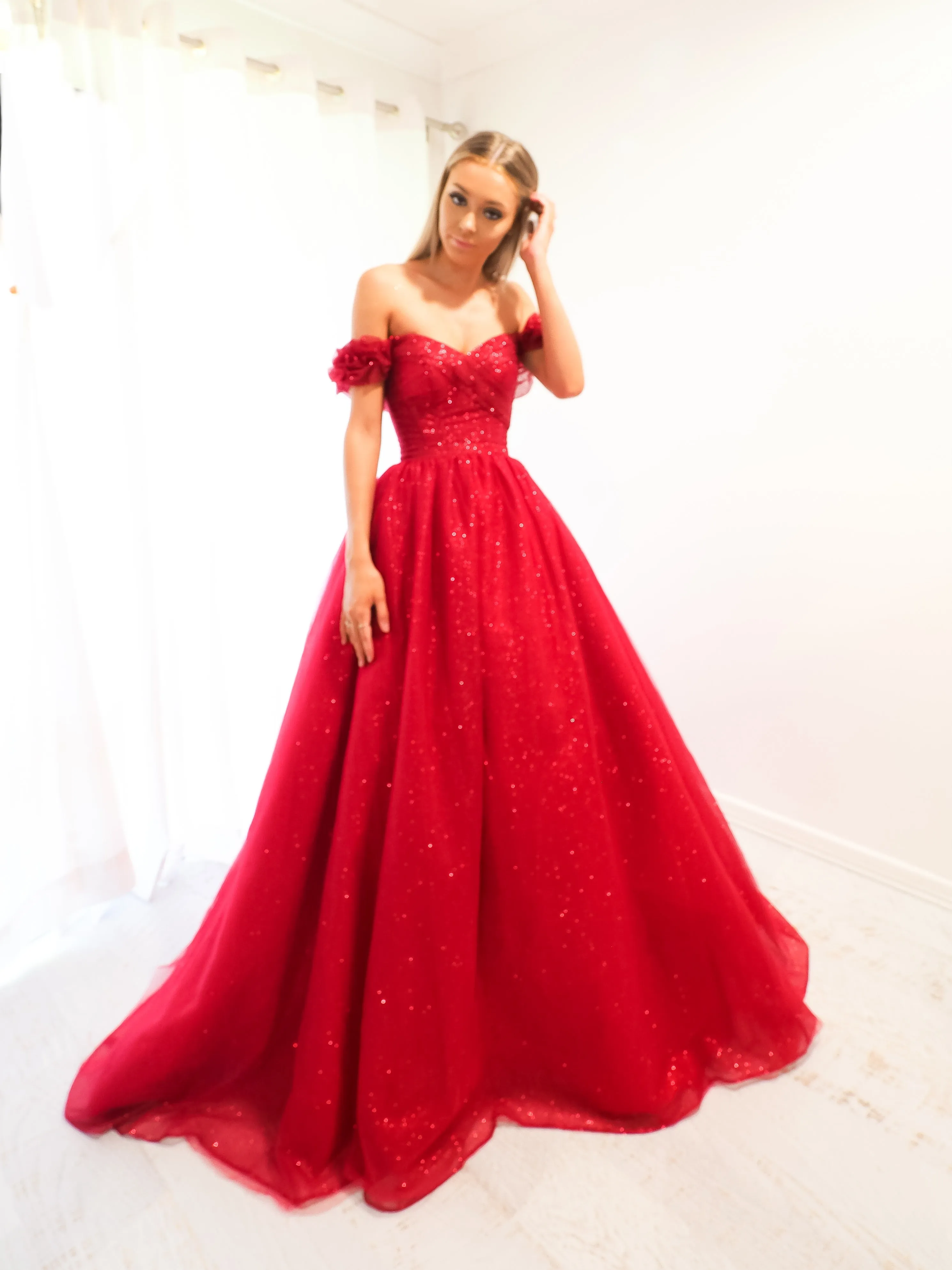 Sparkling dark red tulle princes dress for hire