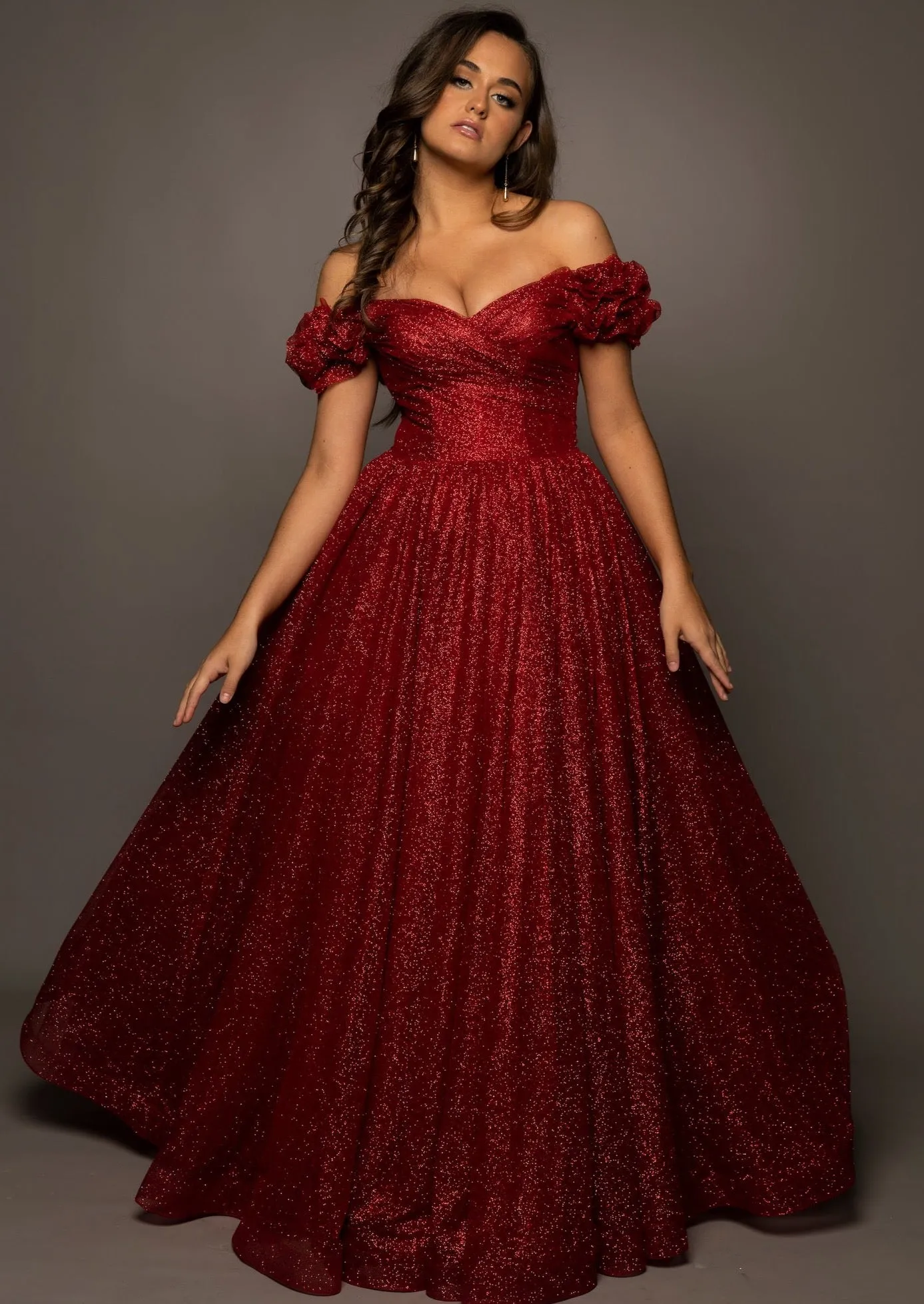 Sparkling dark red tulle princes dress for hire