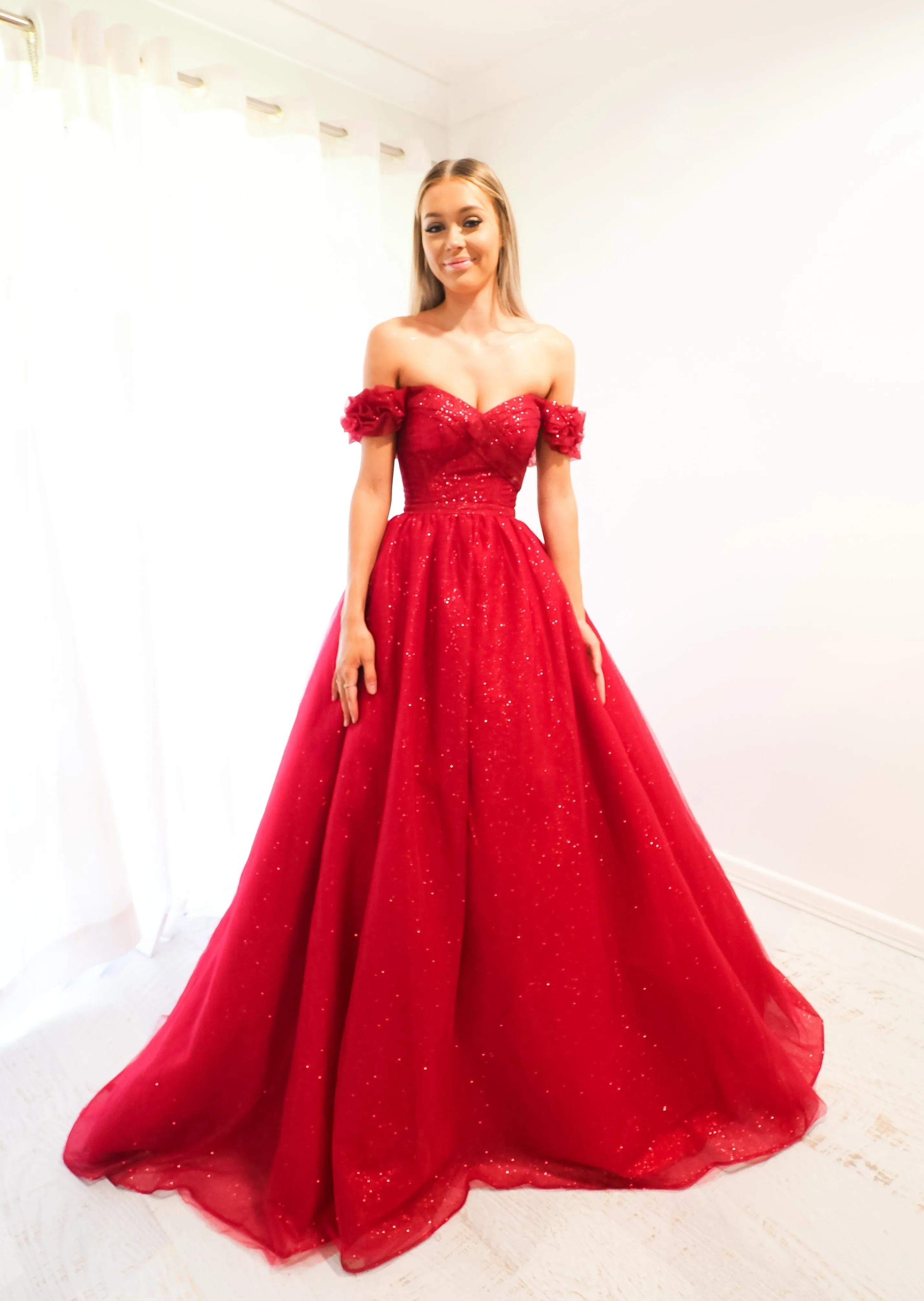 Sparkling dark red tulle princes dress for hire