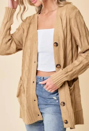 Spice It Up Cable Knit Button Down Sweater Cardigan in Camel