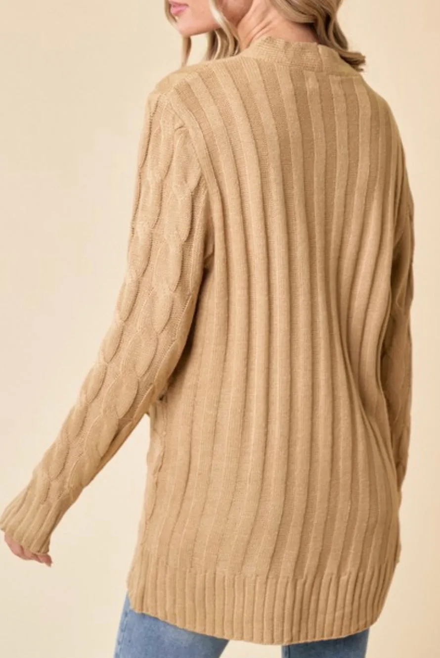 Spice It Up Cable Knit Button Down Sweater Cardigan in Camel