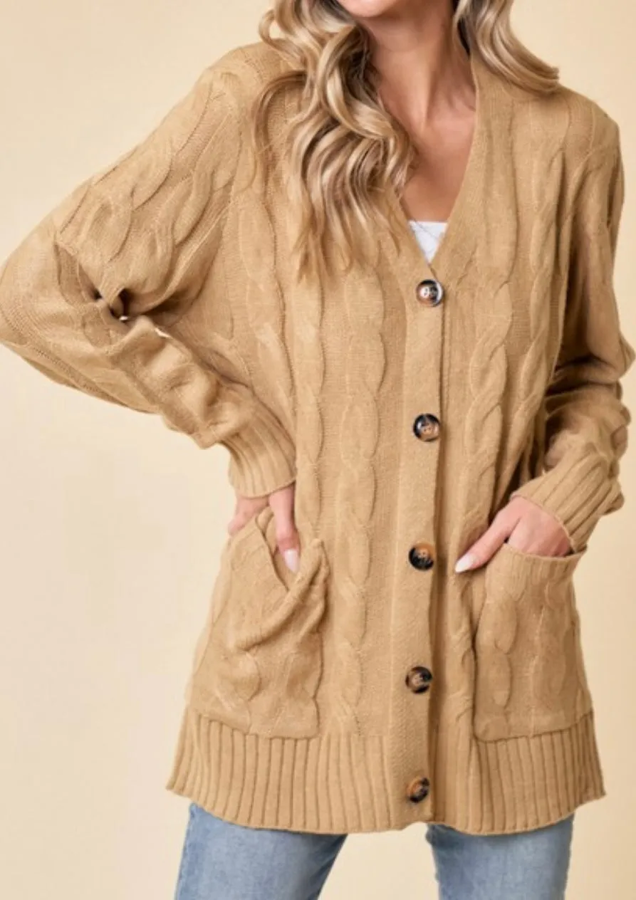 Spice It Up Cable Knit Button Down Sweater Cardigan in Camel