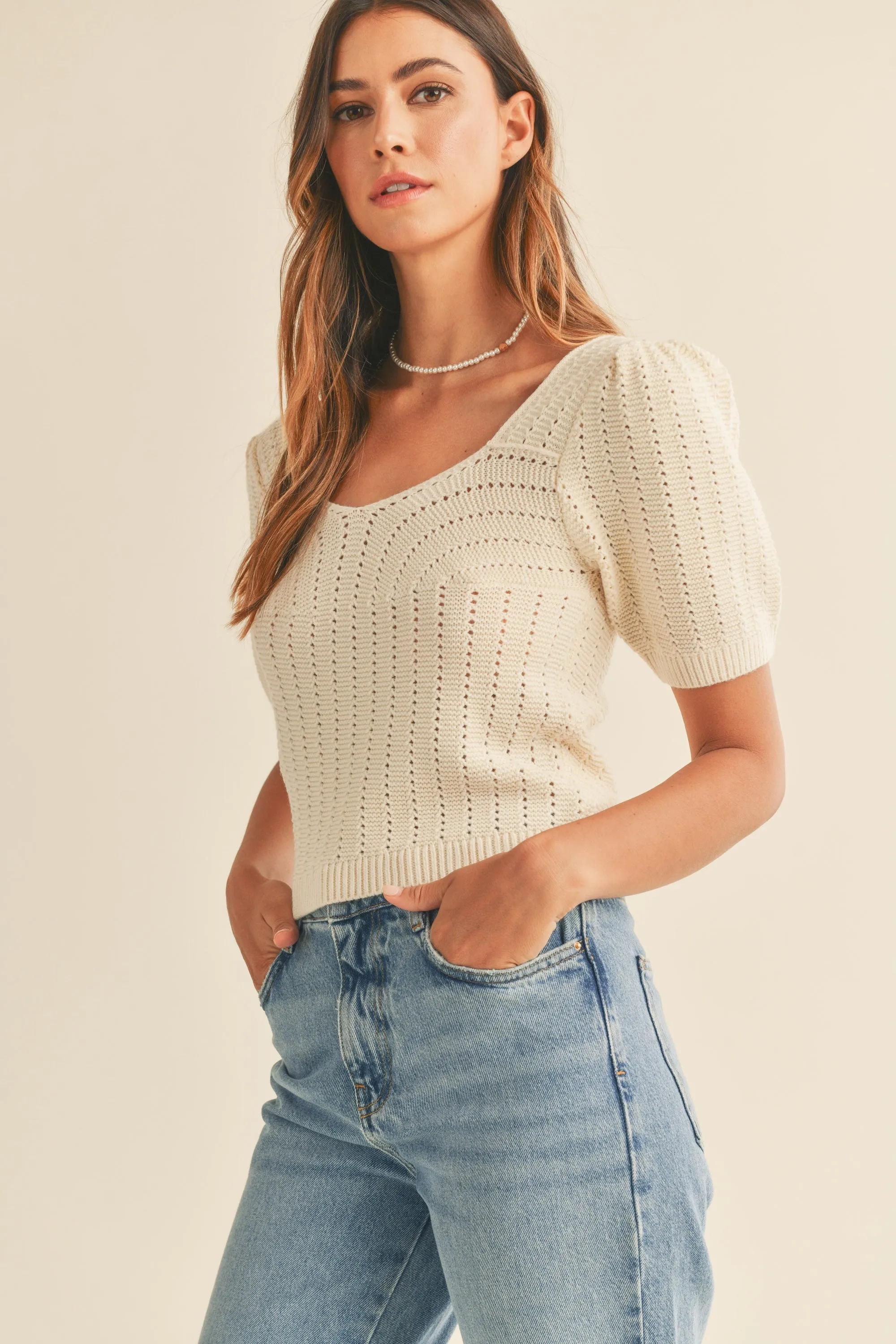 Stefanie Puff Pointelle Sweater Top