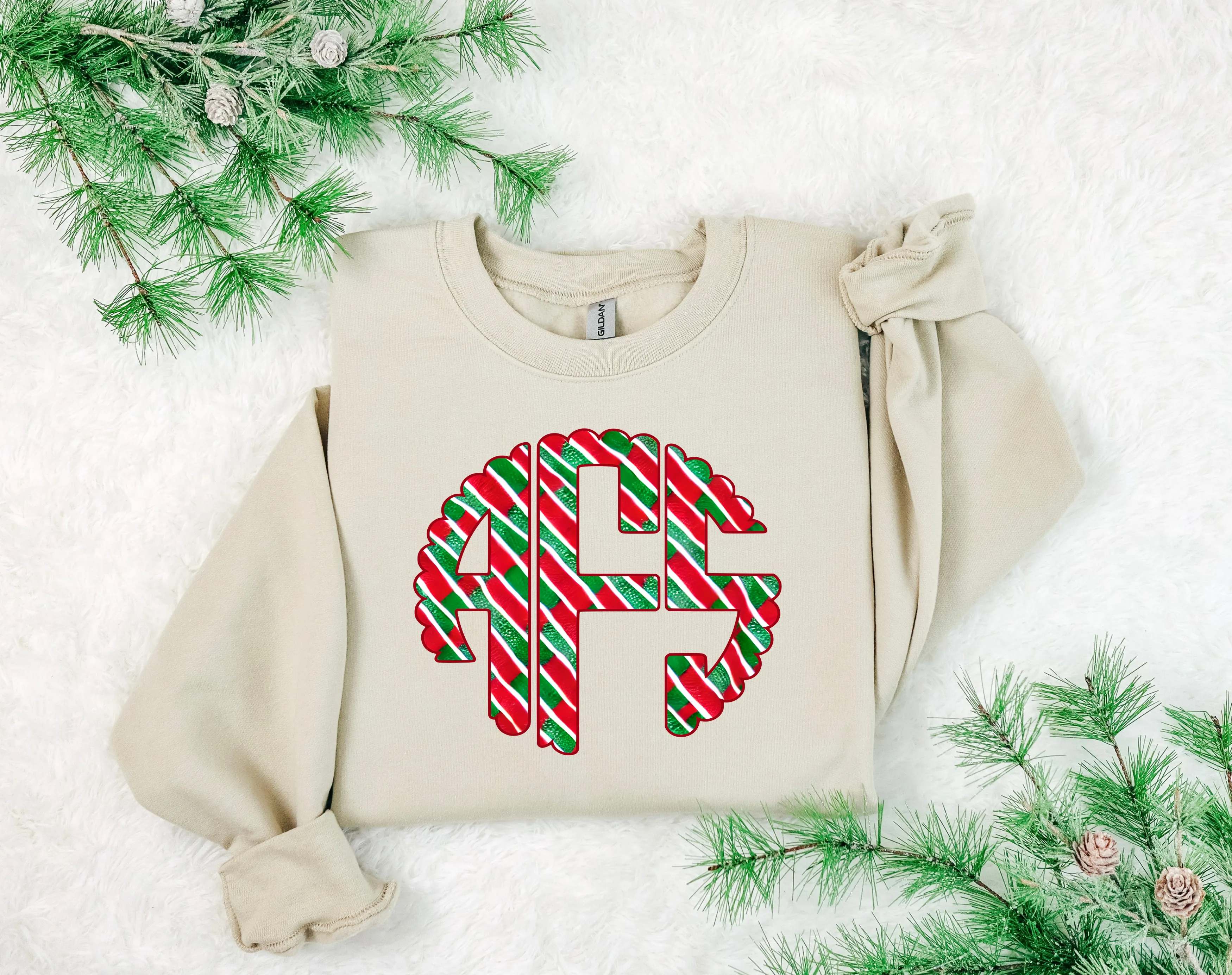 Striped Christmas Monogram Crewneck Sweatshirt